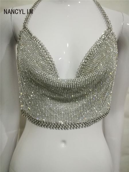 

europe new women's nightclub ess metal diamond chain strap navel tanks camisoles female lady dancing wear nancylim, White