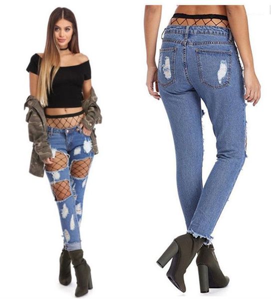 

washed casual skinny straight pants fashion womens jeans hole women designer jeans with net stocking slim, Blue