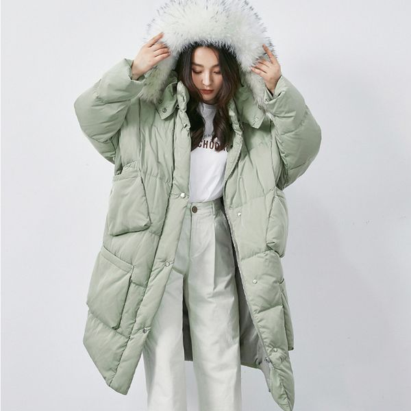 

real natural fox fur collar 2020 winter women jacket hooded thick warm long down parkas duck down jacket female loose down coat, Black