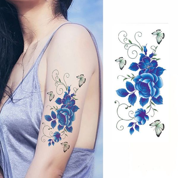 

blue rose artificial flowers arm shoulder flash henna tattoo fake waterproof temporary tattoos sticker women on body