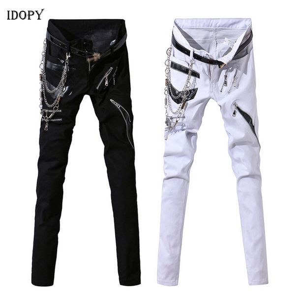 

idopy men hip hop jeans with chain patchwork leather punk gothic party stage multi zippers night club pants for man, Blue