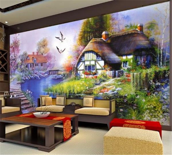 

wholesale country ctyle wallpaper 3d dreamy country landscape oil painting indoor tv background wall decoration mural wall paper