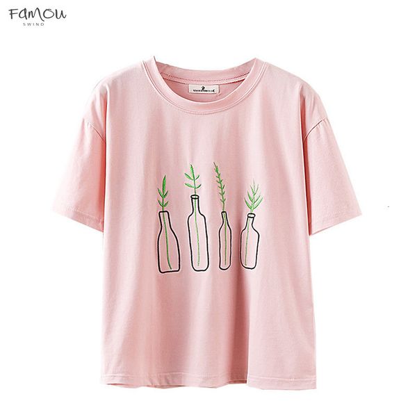 

New Women T-Shirt Cap Sleeve T Bottle Plants Pattern Embroidery Harajuku Shirt Cotton Short Sleeve Funny Sweet Girls Pink Tops