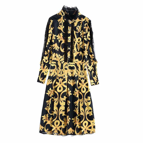 

european and american women's dress 2019 spring new style lantern sleeve long sleeve vintage print dress, Black;gray