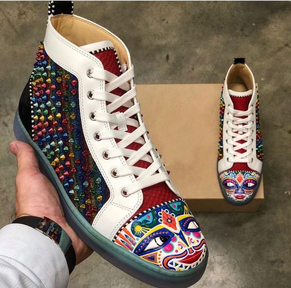 

new season 19w lurex colorful glitter leather/faces toe/spikes orlato red bottom sneaker tribalouis flat high-casual party wedding, Black