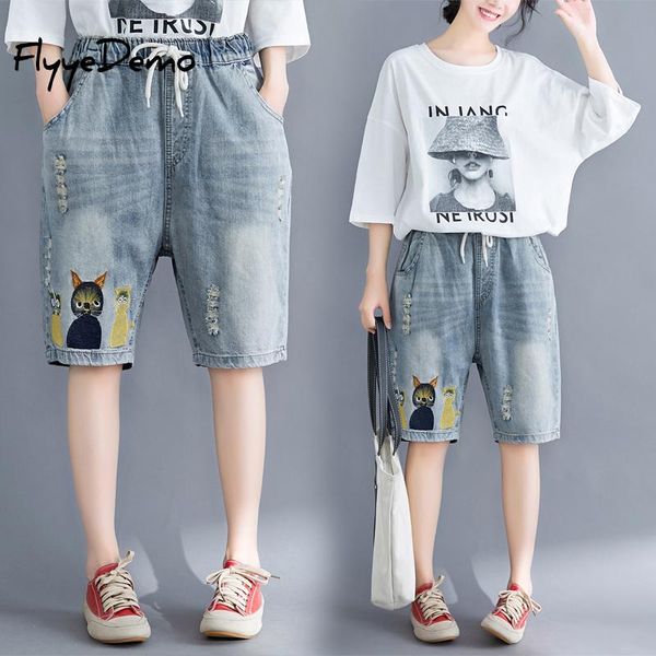 

women's pants & capris cat embroidery plus size loose jeans woman female big knee length denim women with high waist 2021 summer, Black;white