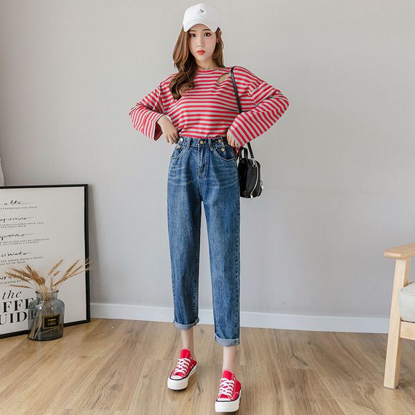 

autumn outfit new high elastic waist ins 5 grain of buckle xuan cowboy female harlan baggy pants pants, leisure trousers 2020, Blue