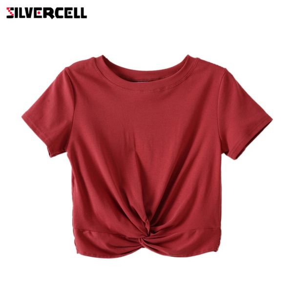 

2020 summer crop women short sleeve o neck cross-knotted t-shirt, White