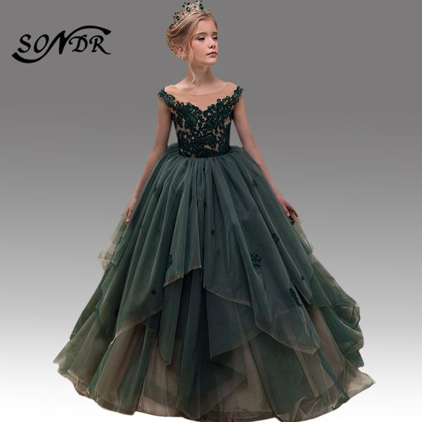

blackish green flower girl dresses ht079 elegant tiered tulle lace girls ball gown kids first communion party decorations, Red;yellow