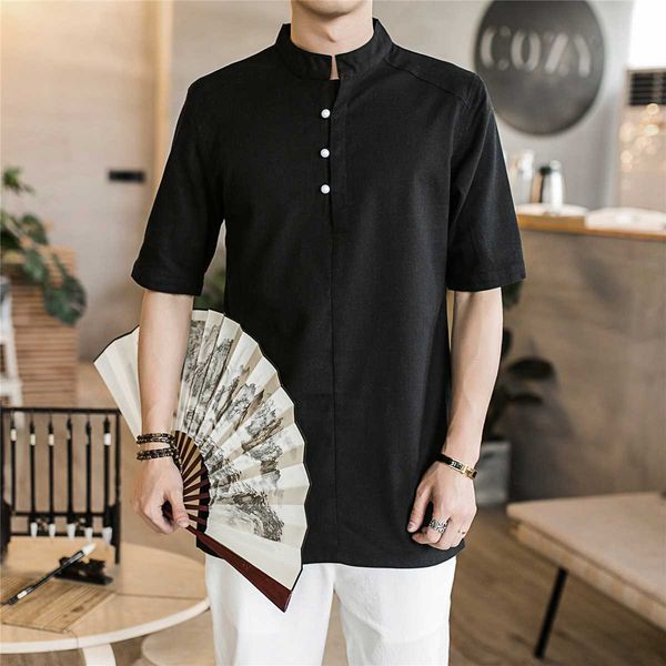 

men solid harajuku summer shirts 2020 streetwear linen shirt mens fashions male chinese style vintage white blouse men clothing, White;black