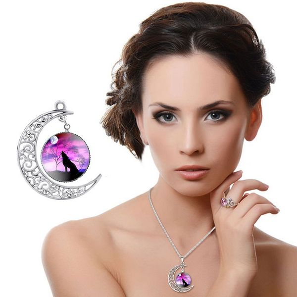 

2019 новый стиль горячий винтаж серебряный полый луна многоцветный время драгоценный камень ожерелье волк тотем сплава подвеска чешские женщ, Silver