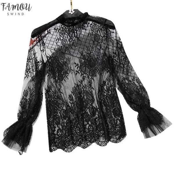 

womens long flare sleeve sheer mesh blouse hollow out embroidered floral lace shirt swimsuit cover up ruffles neck, White