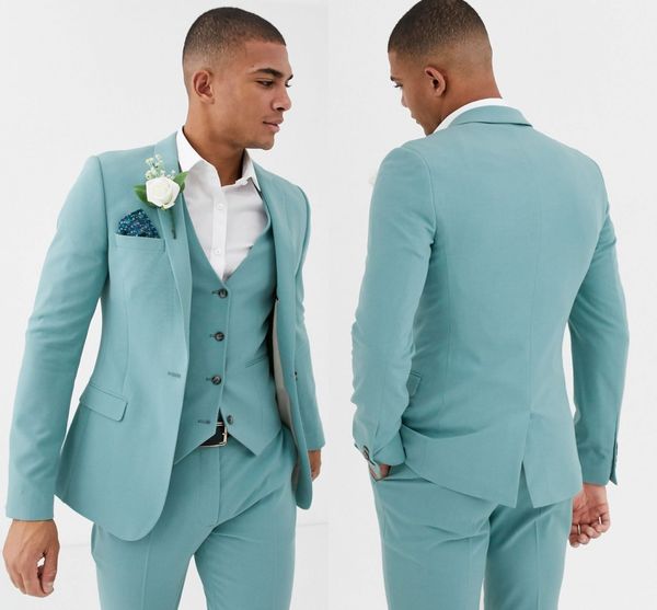 Ternos masculinos verde menta, slim fit, 3 peças, praia, padrinhos de casamento, smoking para homens, lapela repicada, terno formal de baile (jaqueta + calça + colete)