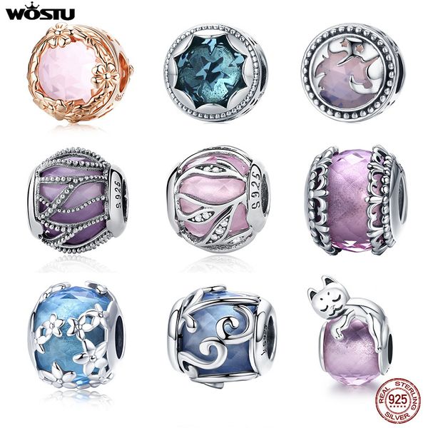 

wostu 100% стерлингового серебра 925 природный кристалл radiance стекла charm beads fit оригинальный diy браслет шкентель ювелирных изделий, Blue;slivery