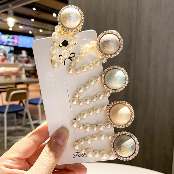 

korean pearl elegant women barrettes hair clip geometric alloy hairgrips handmade fashion girls hair accessories, Golden;white