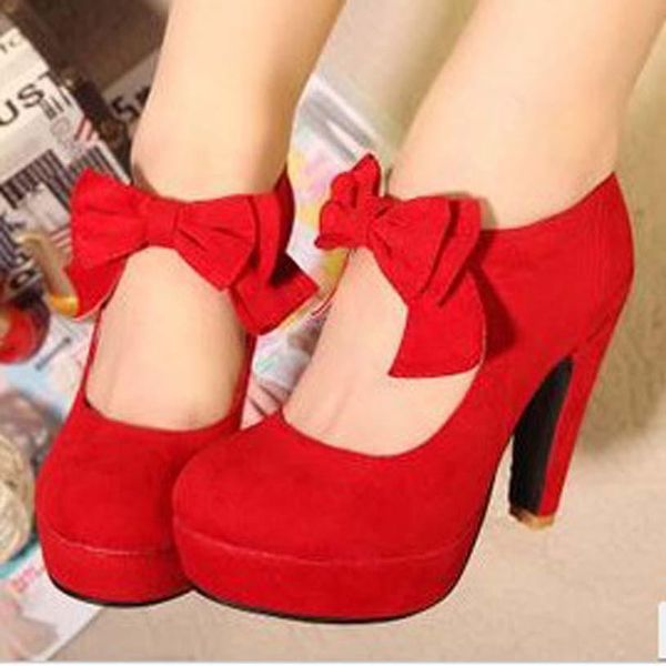 

2019 red wedding shoes female high-heeled thick heel platform bow round toe fashion velvet shoes, Black
