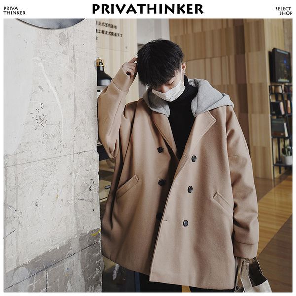 

men wool coat winter 2018 mens harajuku double breasted windbreaker male korean fashion hooded jackets coats black