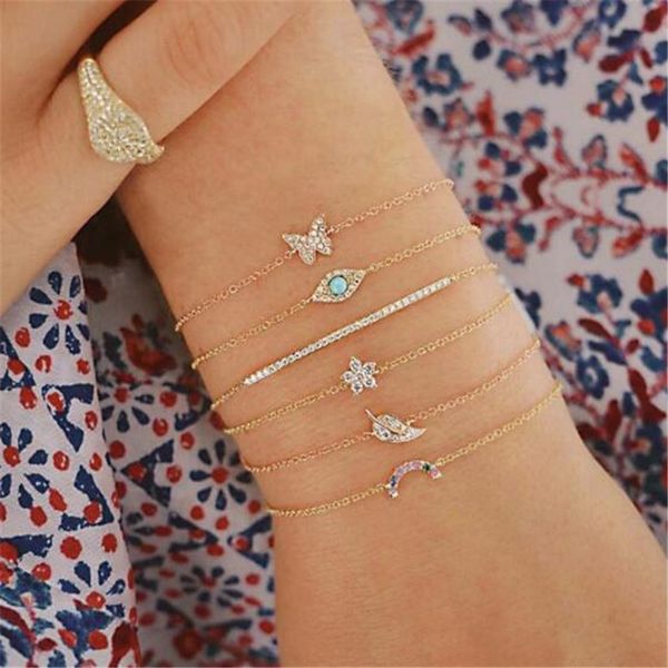 

6 pcs/set punk butterfly eye star moon leaves crystal shiny gold multilayer chain bracelet set for women party gifts jewelry, Black
