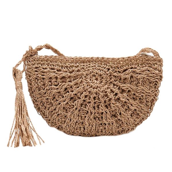 

2019 new fashion tassel moon straw handbags women summer beach bag rattan bag handmade vintage woven handbag for women