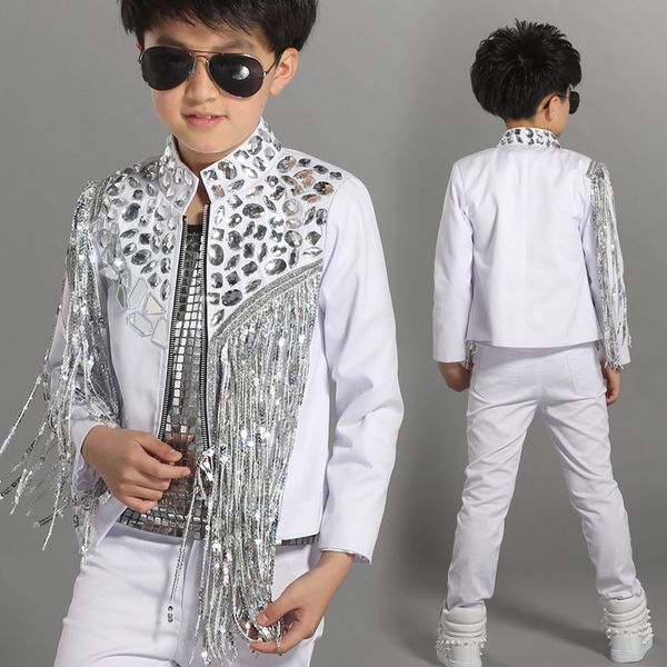

2019 hip hop costume children white jacket silver sequined tassel coat jazz dancing clothes boys singer stage show wear dn2967, Black;red
