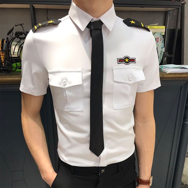 

men shirt short sleeve summer hair stylist short sleeve shirt men's nightclub ktv uniform fashion solid formal shirts, White;black