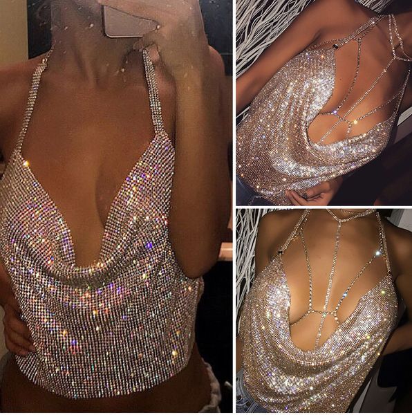 

womens fashion tank tank for women 2019 handmade crystal tank backless summer solid beach women halter camis metal, White