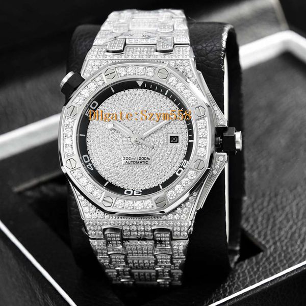

diver full diamond sweep move man automatic movement hip-hop set diamond waterproof 42mm 316 stainless steel, Slivery;brown