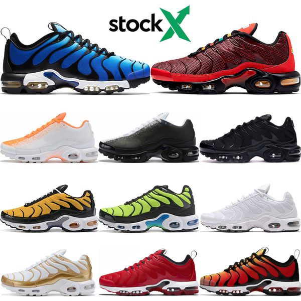 

stock x tn plus se running shoes for mens sneaker hyper blue triple black white volt spray paint bright cactus walking sport trainers