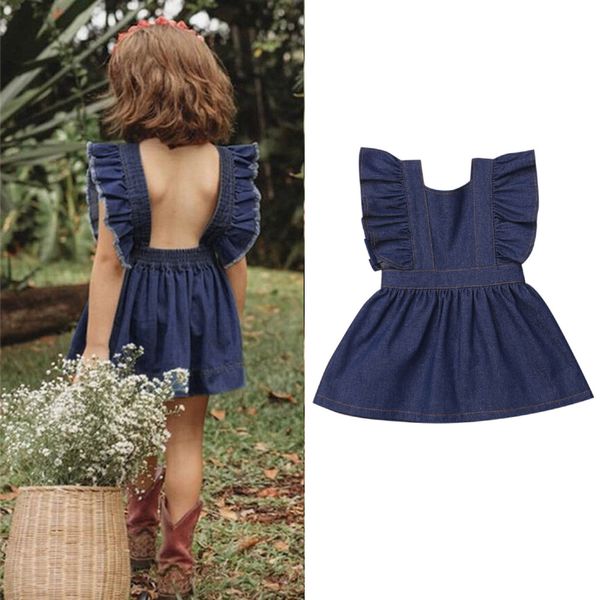 

fashsiualy summer little gils princess dresses toddler baby kids girls solid sleeve ruched denim princess dresses clothes, Red;yellow