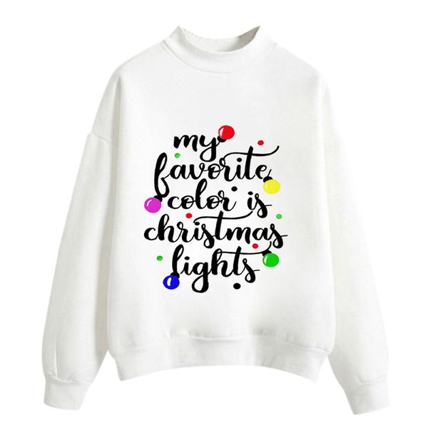 

christmas women my favorite color is christmas lights print long sleeve o-neck solid color sweatshirt pullover broadcloth xj, Black