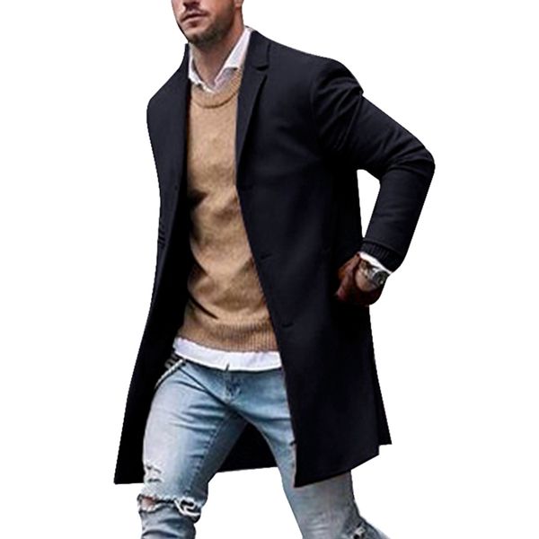 

mens trench coats winter slim wool blends coats male leisure long sections coats soild color casual fashion male overcoats, Black
