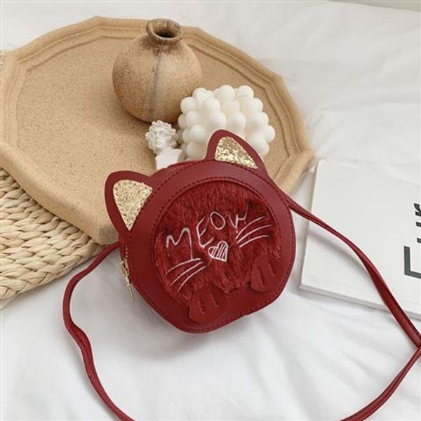 

lovely children zipper coin purse cute cats meow baby girls mini crossbody bags fashion chain kids small shoulder money bag 2020, White