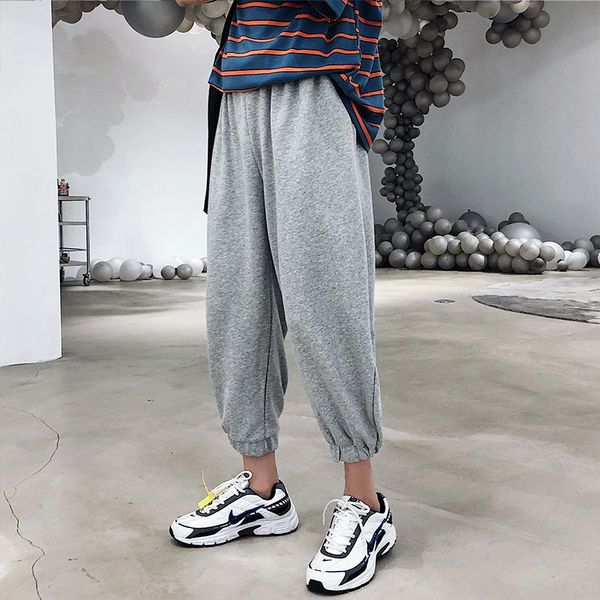 

nice summer korean version of cool and comfortable tide male harajuku loose solid color closing nine points casual pants, Black