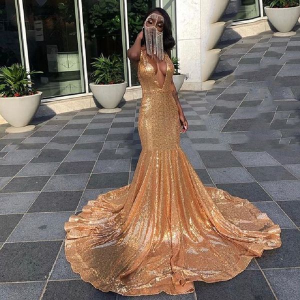 

2020 new arrivals mermaid prom dresses deep v-neck backless gold sequined long prom gowns plus size custom make plus size, White;black