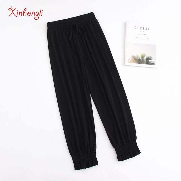 

plus size cool chiffon loose ankle-length harem pants 2019 summer casual ladies elastic waist black khaki trousers female, Black;white