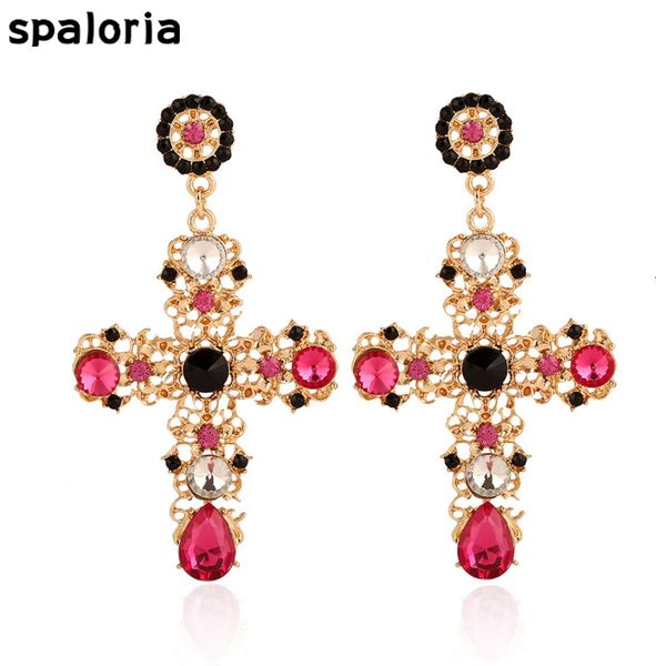 

spaloria gothic large crystal cross drop earrings for women female punk rhinestone statement long dangle brincos fashion jewelry, Silver