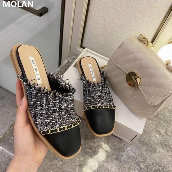 

molan 2020 korean fashion metal chain gingham flat slipper slip-on loafers mules flip flops sandals casual, Black
