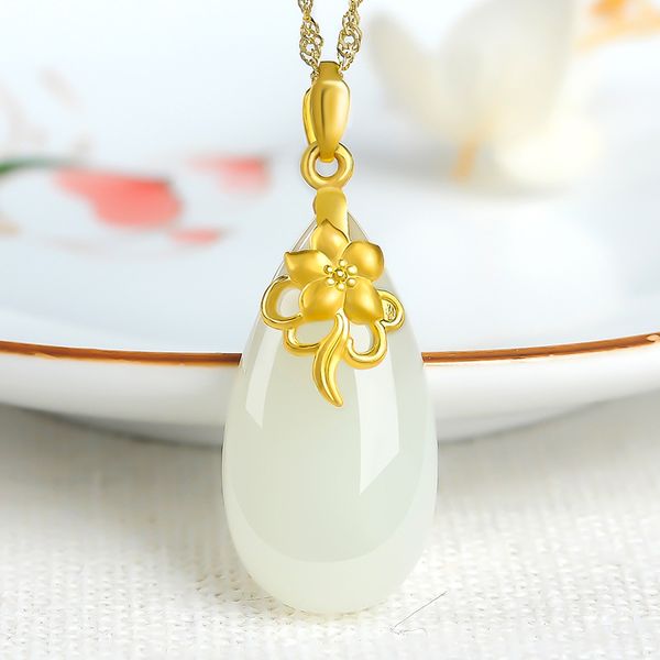 

14k gold color white jade gemstones pendant necklaces for women vintage classical choker jewelry bijoux birthday party gifts, Silver