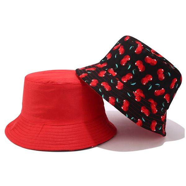 

men women cherry print holiday two side outdoor packable summer beach cotton blend cute bucket hat soft reversible protection
