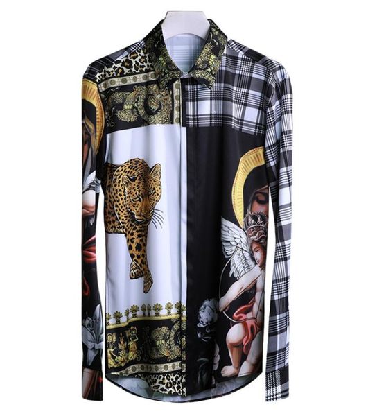 

long sleeve plaid stripe shirts men print leopard tiger crown blouse virgin mary shirt man cupid europe original design new, White;black