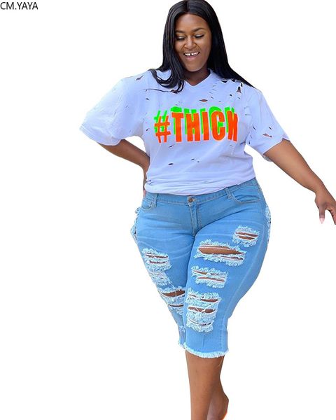 

women's jeans cm.yaya plus size s-5xl knee length cut out denim pants women retro hole ripped trousers skinny high waist lady, Blue
