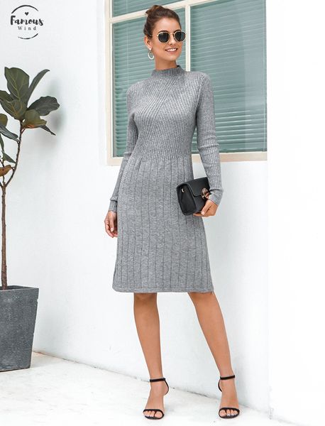 

casual knitted sweater dresses women new arrival 2020 autumn long sleeve dress ladies knee length dress winter clothes, Black;gray