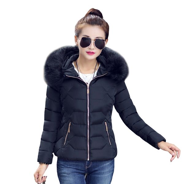 

высокое качество женщин зима большой мех с капюшоном воротник пальто женская верхняя одежда дамы теплый короткий основной куртка тонкий jaqu, Black;brown