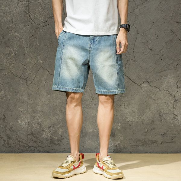 

2019 new men's modis denim shorts men's five-point shorts light color loose large size washed straight 5 points pants tide, Blue