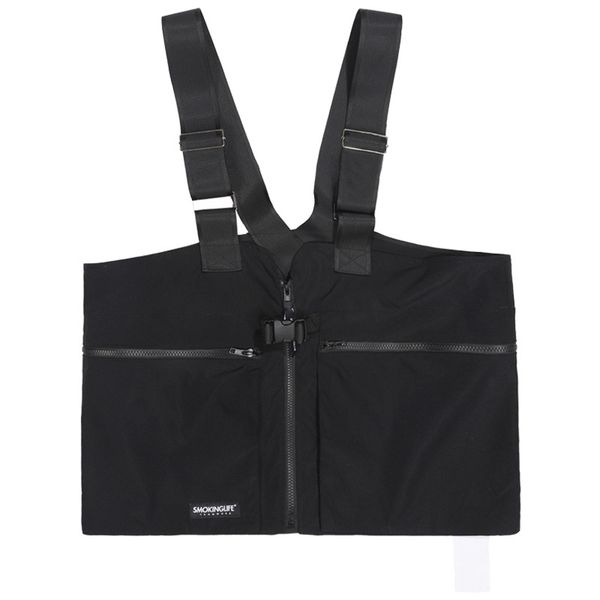 

new male multi-pockets tooling strap vest outerwear coat men streetwear hip hop cargo vest function waistcoat jacket, Black;white