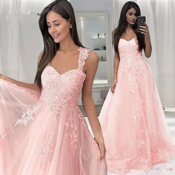 

Pink Dress Formal Appliques Lace evening Long Tulle Prom Dresses A-line Sweetheart Straps Women Party Gowns vestidos de gala largos, Black;red