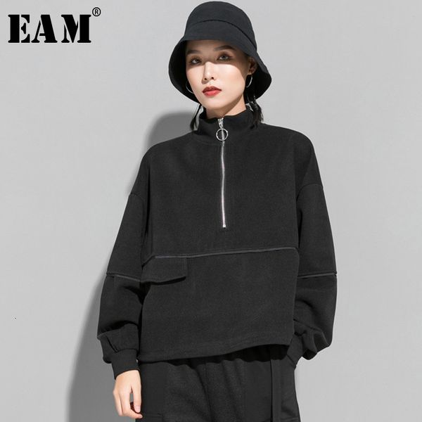 

eam] loose fit black split oversized sweatshirt new stand collar long sleeve women big size fashion autumn winter 2019 1m804