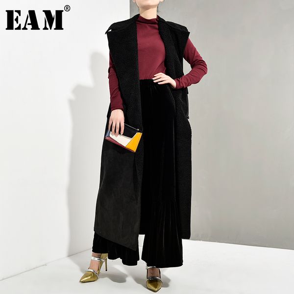 

eam] 2019 new spring autumn lapel sleeveless imitation lamb hair split joint big size long warm vest women fashion ob0860, Black;white
