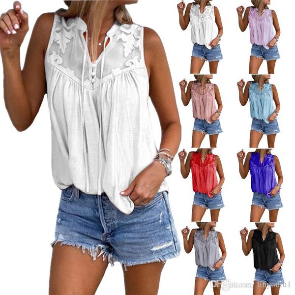 

office ladies stitching lace chiffon v-neck sleeveless shirt women casual european&american solid slim blouse 2019, White
