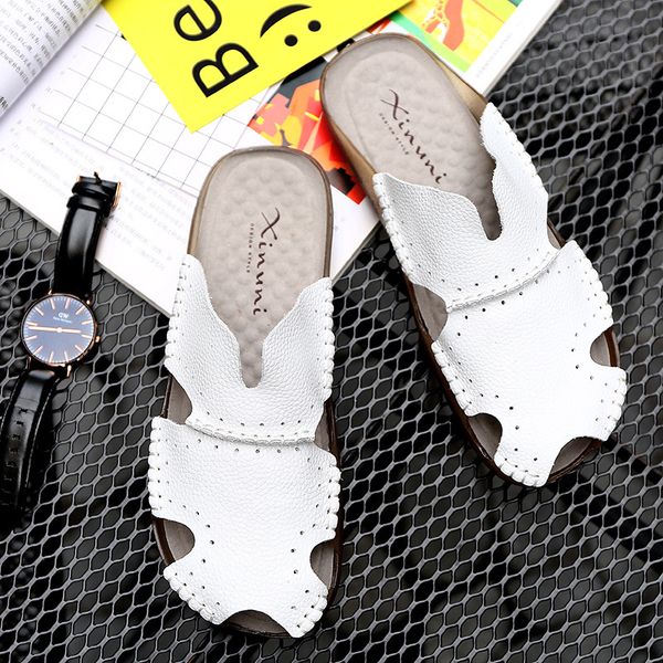 

summer new fashion breathable beach shoes trend drag large size slippers daily leisure genuine leather, Blue;gray